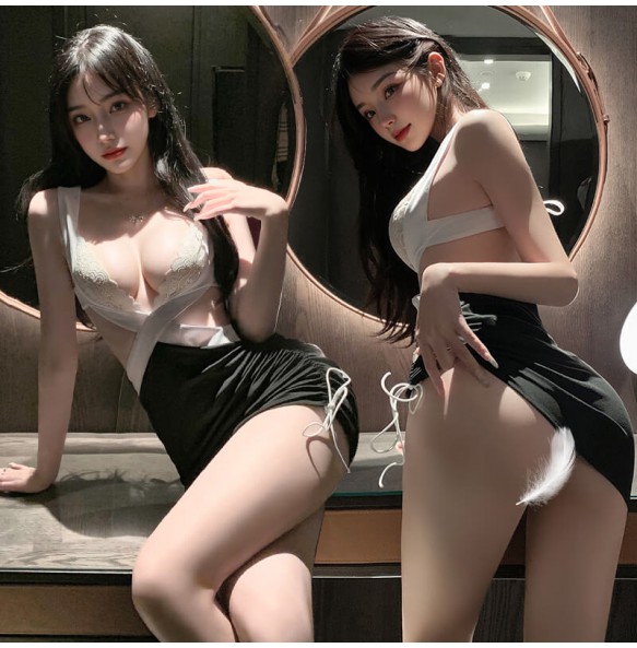 FEE ET MOI - Sultry Deep V Secretary Outfit (White - Black)